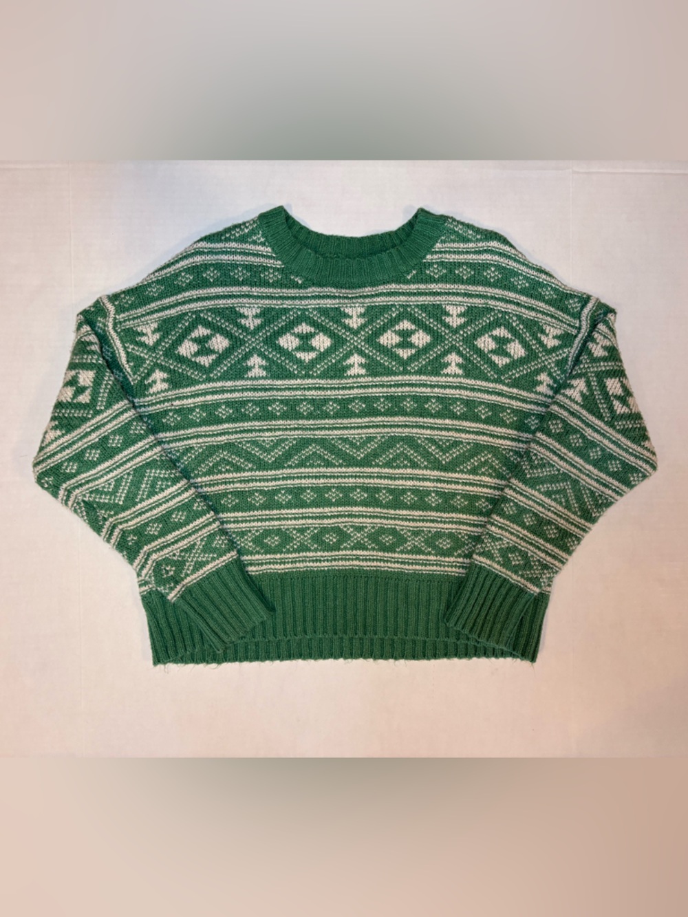 American Eagle Green Fair Isle Snowdrift Long Sleeve Knit Sweater Cropped Size S